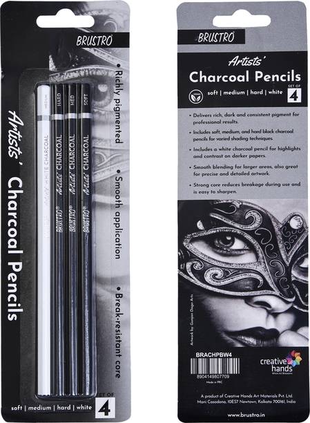 BRuSTRO Artists Charcoal Pencil (3 Black - Soft, Medium, Hard and 1 White - Medium) Round Shaped Color Pencils