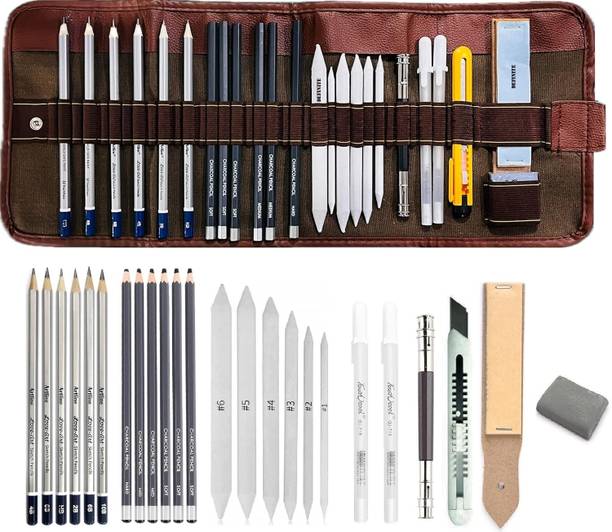 Definite Artline Sketching Drawing Pouch Kit with 24 Pcs Charcoal Graphite Pencils Tools Hexagonal Shaped Color Pencils