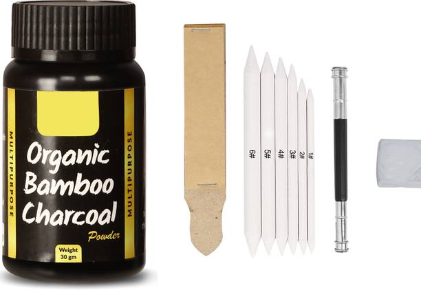 Ortan Art Black Natural Charcoal powder ,sandpaper,Blender, Extender, Eraser Pencil & Blending Stumps For Artist Shaped Color Pencils