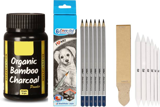 Ortan Art Black Natural Charcoal powder +6 Pcs Love Art Pencils +1 Sandpaper + 6 Blending Stumps For Artist Shaped Color Pencils