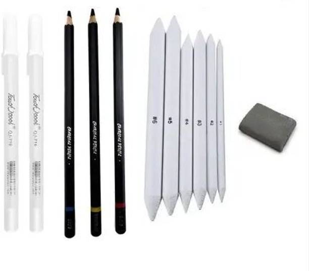 Ortan 3 X Camlin Charcoal Pencil, 2 X White Pen, 6 X Blending Stump & Kneadable Eraser for Charcoal, Graphite Sketching Portrait Shaped Color Pencils
