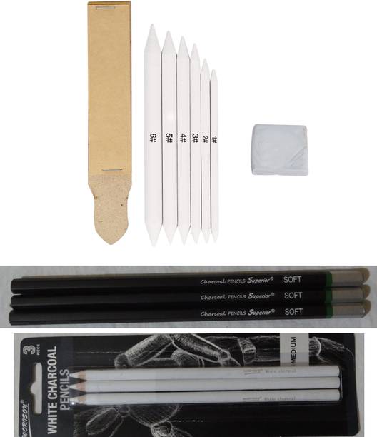 Ortan White & Black Charcoal Pencil with Paper Stump, Sand Paper & Kneadable Eraser