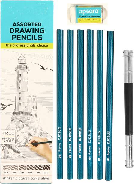 Ortan Set of 6 HB:2B:4B:6B:8B:10B Drawing Pencils+Extender to Pencil Size For Drawing Students, Junior & Senior Professional Artist Shaped Color Pencils