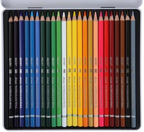 BRuSTRO ARTISTS' 4MM SOFT & HIGHLY PIGMENTED WATERCOLOUR PENCIL IN ELEGANT FLAT TIN BOX ROUND Shaped Color Pencils