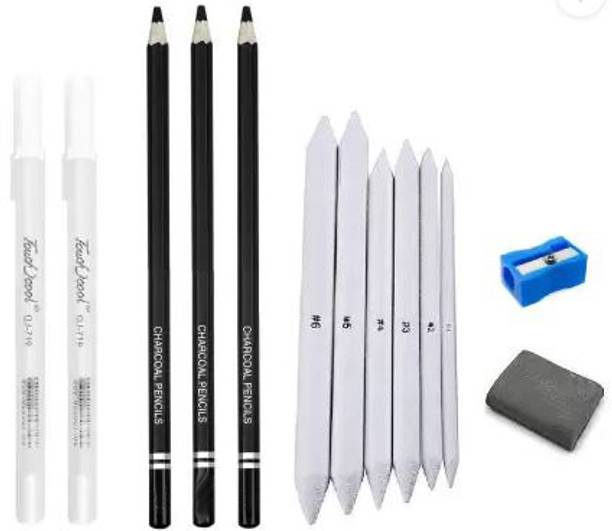 Ortan Charcoal Pencil White Pen for Reflection & Highlighting,Blending Stump & Kneadable Eraser ,1 Sharpener Shaped Color Pencils