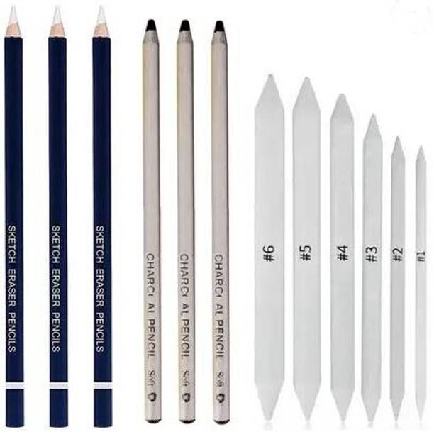 Ortan Natural Soft Dark Charcoal Pencil + Eraser Pencils + Paper Art Blending Stump for Charcoal, Graphite Sketching Portrait Shaped Color Pencils