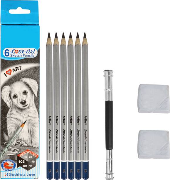 Aashwi 6 SKETCH PENCIL WITH 1 EXTENDER &2 KNEADABLE ERASER COMBO SKETCH KIT Professional Art Sketching Shaped Color Pencils