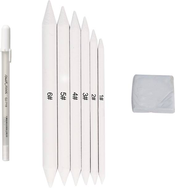 Aashwi Art White Paper Stumps/ With Kneadable Eraser & 1 White Highlighter Pen 0.8mm Professional Art Sketching Shaped Color Pencils