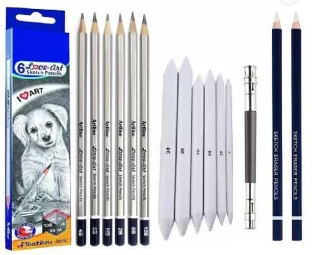 Ortan 6pc Sketch/Drawing Pencils, Blending Stumps, Pencil Extender, 2pc Eraser Pencil Professional Art Sketchinh Shaped Color Pencils
