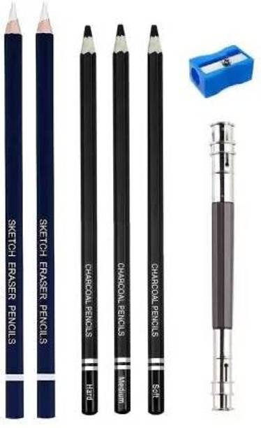 Aashwi 2Pc Eraser Pencil, 3Pc Black Charcoal Pencils & 13cm Pencil Extender Graphite & Sketching Drawing Shading Pencil Shaped Color Pencils
