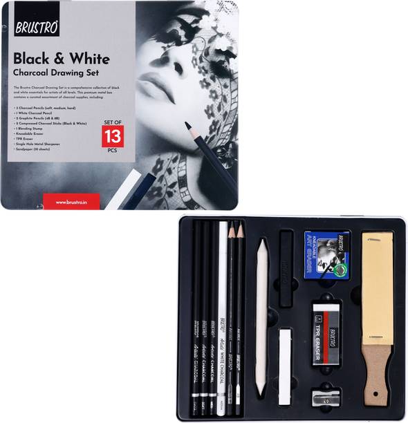 BRuSTRO Black and White Charcoal Drawing Set of 13 Pcs in a Metal Box | Round (Non Toxic) Shaped Color Pencils