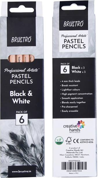 BRuSTRO Artists Pastel Pencils - (3 Black and 3 White) - 4mm lead Round Shaped Color Pencils