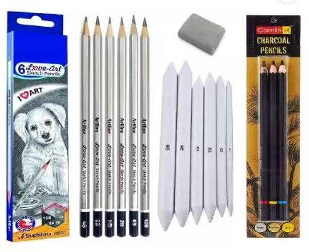 Ortan Sketching & Charcoal Pencil,Blending & Stumps,Kneadble Erasr Round, etc Shaped Color Pencils