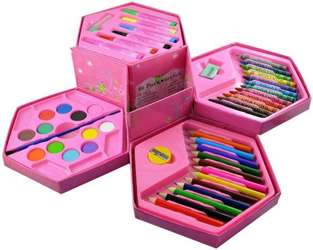 Shreeoxa 46 Pcs Kids Art Set with Crayons, Pencils, Watercolors & Sketch Pens Round Color Pencil Shaped Color Pencils