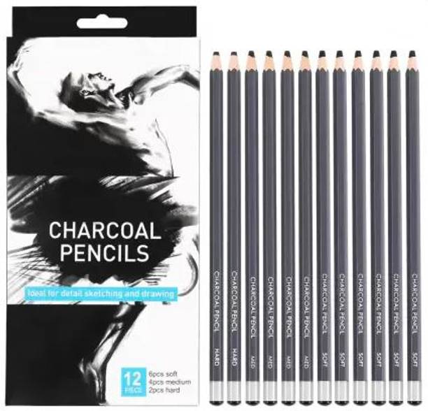 Ortan Professional Charcoal Pencil Set 12 Pieces Charcoal Pencil (SOFT, MEDIUM, HARD) Shaped Color Pencils