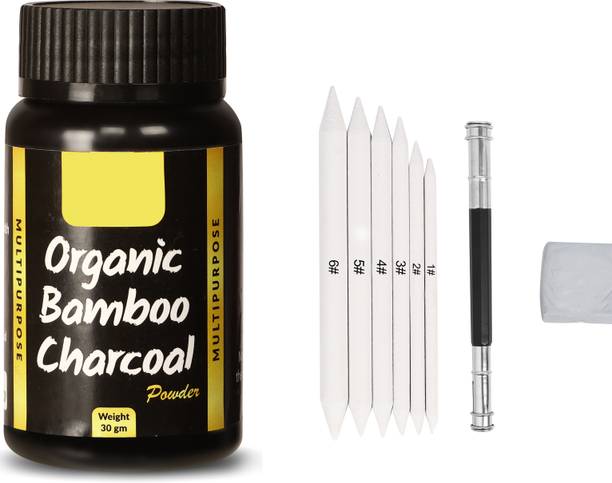 Ortan Art Black Natural Charcoal powder + 6 Blending Stumps+1 Extender +1 Kneadable Eraser For Artist Shaped Color Pencils