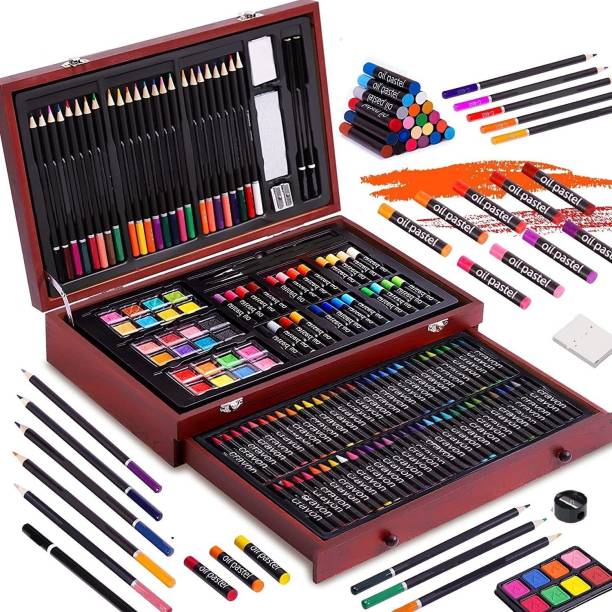 Corslet 142 Pc Drawing Kit Sketch Pencils Set for Artists Wooden Art Kit Sketching Kit Crayons Colour Oil Pastels Drawing Pencils, Watercolor Cakes Brush Sharpener Shaped Color Pencils