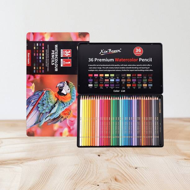 SBM Xin-bowen 36 shade Watercolor Pencils, 1 Artist Brush ,1 Metal Storage Tin Round Shaped Color Pencils