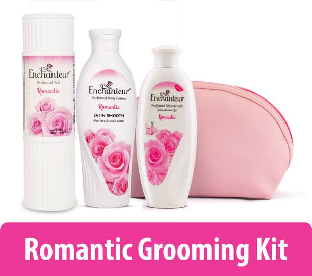 Enchanteur Romantic Body Lotion, Shower Gel, & Talcum Powder For Women With Travel Pack