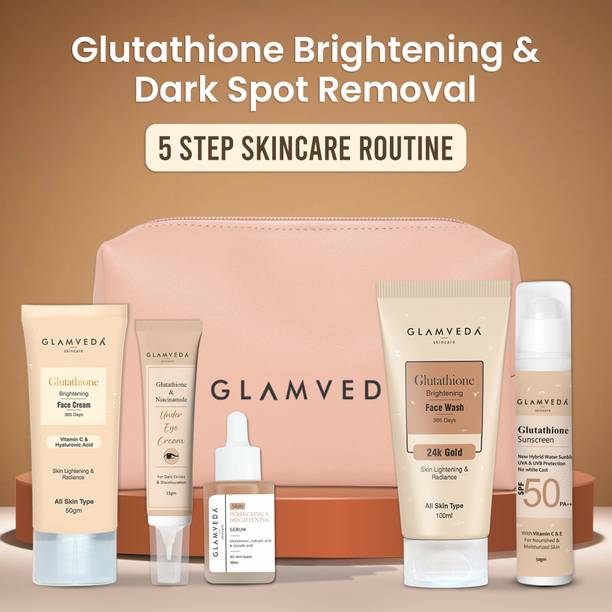 GLAMVEDA Glutathione 5 Step Routine with Pouch | Face Wash, Serum, Cream, Eye Gel & Sunscreen| Skin whitening & brightening kit|Skincare|