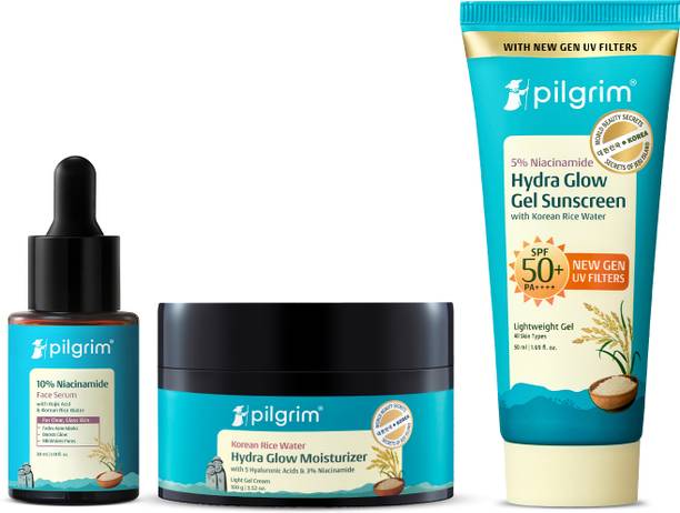Pilgrim 10% Niacinamide Serum 30ml + 5% Niacinamide Sunscreen SPF 50+ 50ml + Korean Rice Water Moisturizer 100g | Glass Skin Combo