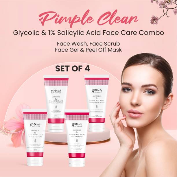 Globus Naturals Pimple Clear Glycolic Face Care Combo-Face Wash, Face Scrub, Face Gel & Peel Off Mask