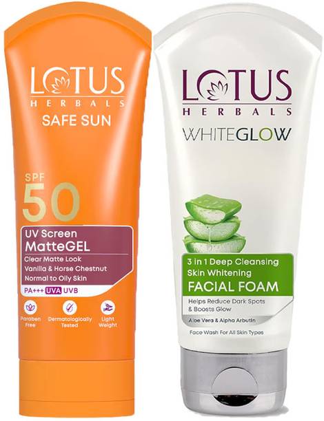 LOTUS WhiteGlow 3-In-1 Deep Cleansing Skin Whitening Facial Foam & Safe Sun Invisible Matte Gel Sunscreen SPF 50 PA+++ , For Men & Women, Non-Greasy, Suitable for Oily Skin Face Wash