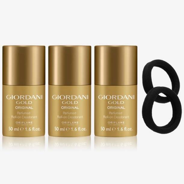 Oriflame GIORDANI GOLD Original Perfumed Roll-On Deodorant 50 ml ( pack of 3 ) with Highly Elastic Black Rubber Bands 2 piece