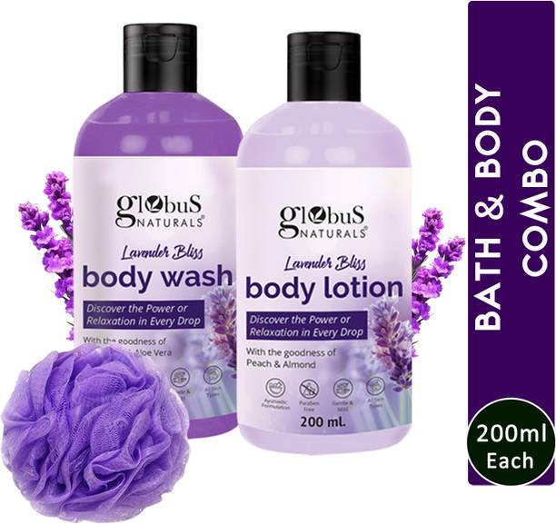 Globus Naturals Lavender Body Lotion & Body Wash Skincare Combo with Loofa