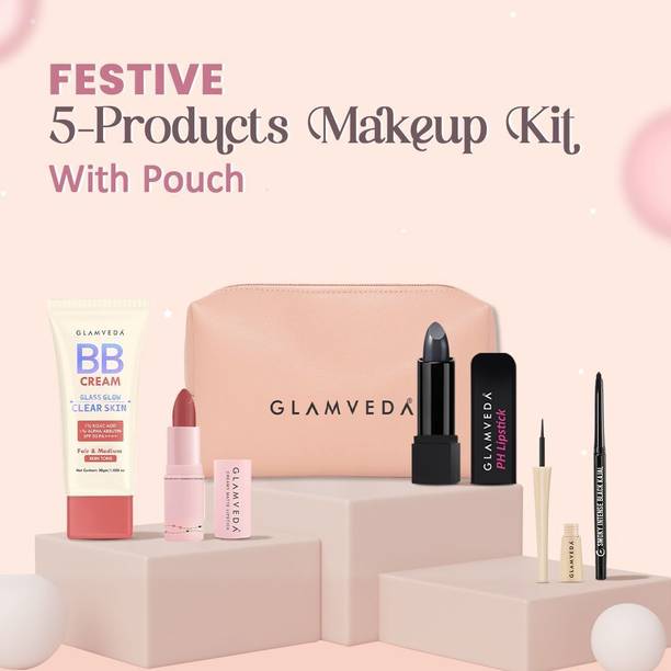 GLAMVEDA Festive Pouch Gift Set |Kajal, Eyeliner, PH & Bullet Lipstick, BB Cream ( Fair)| With Travel Pouch| Make up kit for Women|