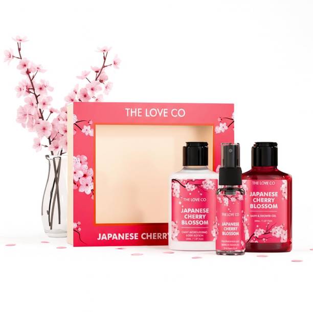 The Love Co. Japanese Cherry Blossom Bath & Body Gift Box – Body Wash, Lotion & Mist | Vegan Skincare Set | Birthday & Anniversary Gift