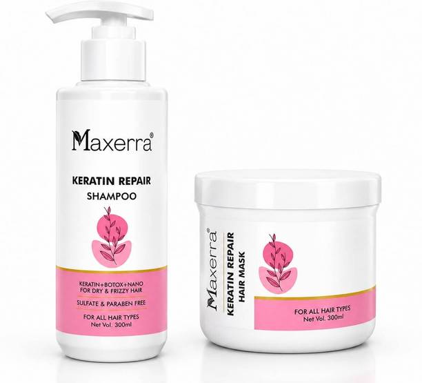 Maxerra Keratin Repair Hair Care Combo for Dry & Frizzy Hair | Shampoo & Hair Mask 300ml | Frizz Control & Damage Repair Kit
