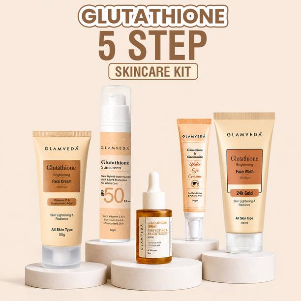 ग्लैमवेदा Glutathione 5 Step Routine with Pouch | Face Wash, Serum, Cream, Eye Gel & Sunscreen| Skin whitening & brightening kit|Skincare|