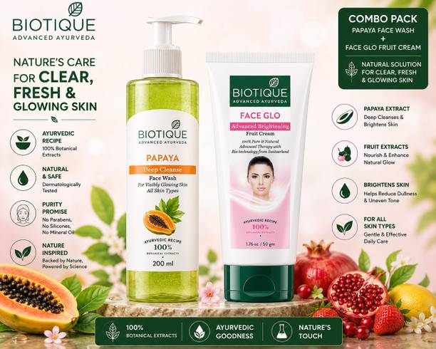 BIOTIQUE PAPAYA FACE WASH 200ML AND FACE GLO FRUIT CREAM 50G