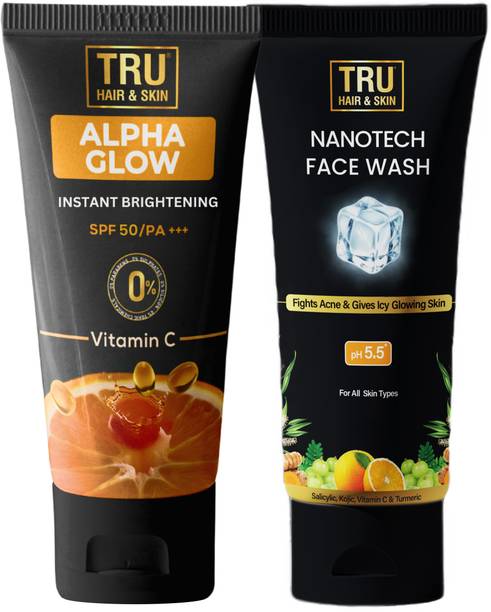 TRU HAIR & SKIN Alpha Glow Sunscreen With SPF-50 50ml & Nanotech Face Wash-100ml (2 Items in the set)