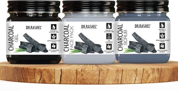 DR.RASHEL Charcoal Face Pack, Charcoal Gel & Charcoal Scrub For Face & Body (Pack of 3)
