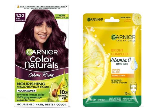 Garnier Men Color Naturals Crème hair color 4.20 Wine Burgundy, 70ml + 60g+Bright Complete Vitamin C Brightens Dull Skin Serum Mask-28g