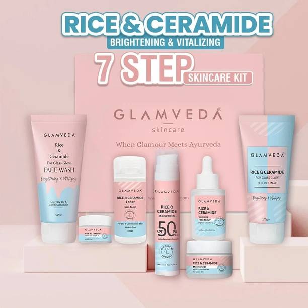 GLAMVEDA Glass Skin Rice & Ceramide 7 Step Weekly Skincare Routine For Women with Gift Box
