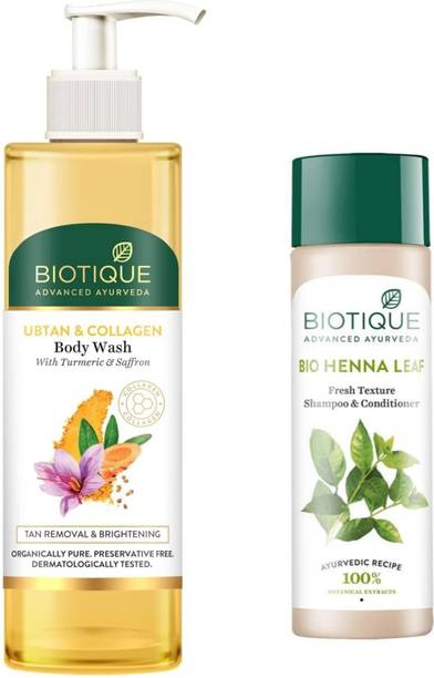 BIOTIQUE Ubtan & Collagen Body Wash 200ml & Henna Shampoo 120ml