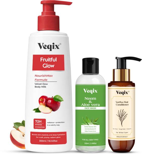 veqix Fruitful Glow Body Lotion Neem Aloe Face Wash Vartha Hair Conditioner Daily Care Combo Set