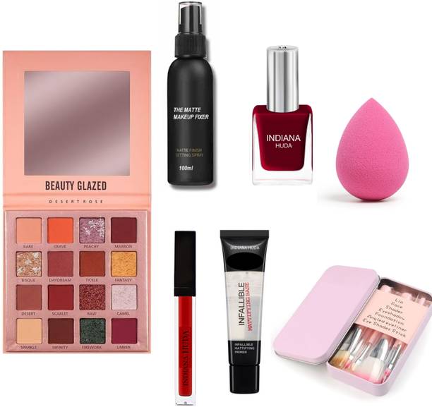 INDIANA HUDA Desert Rose Eyeshadow Palette,Liquid Lipstick(Red),Blender Puff,White Primer,Makeup Fixer Spray,Nail Paint& 7 Pcs Makeup Brush