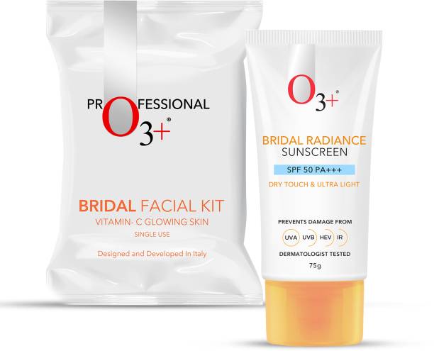 O3+ Radiance Skincare Combo With Bridal Facial Kit Vitamin C Glowing Skin 136g &amp; UVA UVB Ultra Light Sunscreen With SPF50 PA+++ 75g