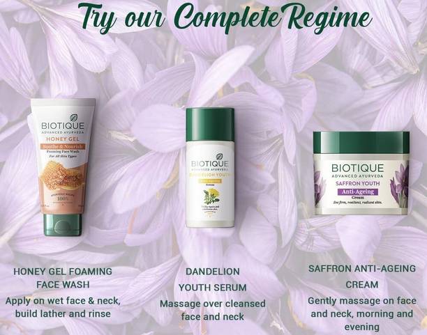 BIOTIQUE HONEY GEL FOAMING FACE WASH 100ML/ DANDELION YOUTH SERUM 40ML/ SAFFRON ANTI-AGEING CREAM 50G PACK OF 3