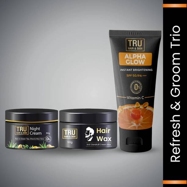 TRU HAIR & SKIN Alpha Glow Sunscreen With SPF-50: 50gm & Hair Wax-50gm & Night Cream-50gm