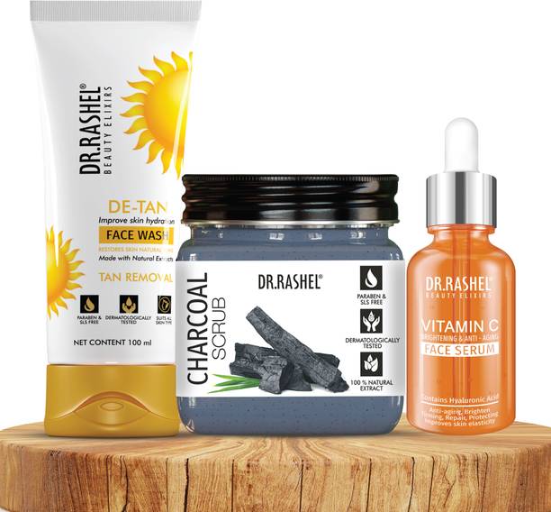 DR.RASHEL Charcoal Scrub, De Tan Face Wash & Vitamin C Serum for Instant Glow & Anti Aging