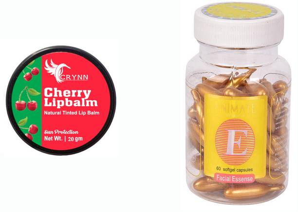 Crynn Essential Cherry Natural Tinted Lip Balm& Facial Face Soft Gel Capsules Vitamin E