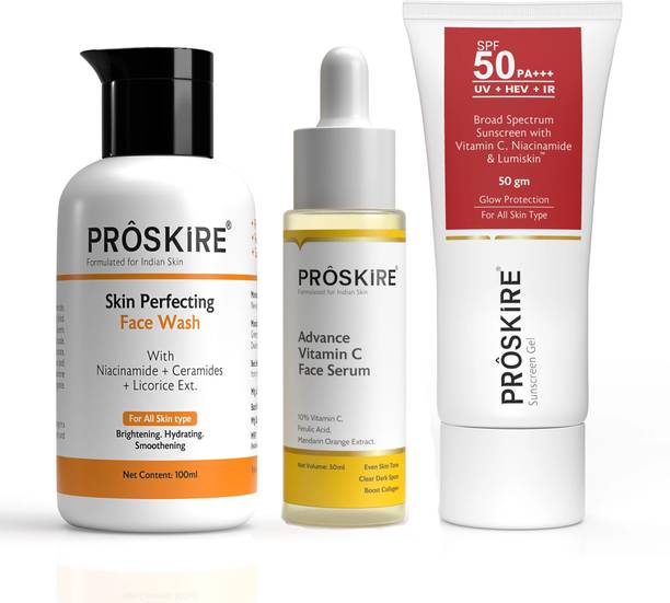 Proskire Advance Vitamin C Serum, Skin Perfecting Face Wash & Sunscreen Gel For Complete Skincare