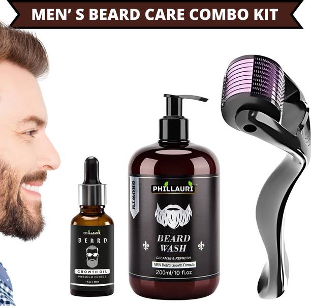 Phillauri Men's Beard Growth Combo Kit(Beard Growth Oil 30ML + Beard Wash 200ML + Derma Roller 0.5mm for Beard)