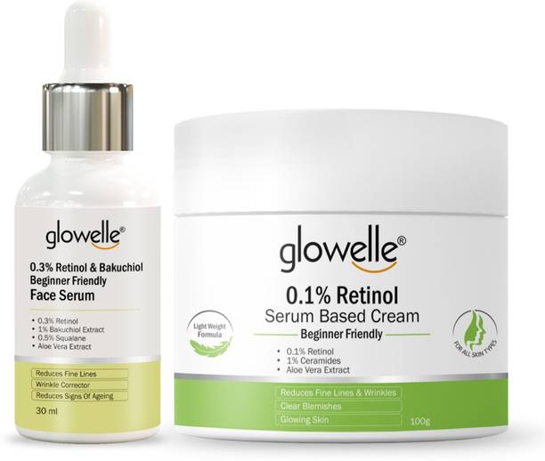 glowelle 0.3% Retinol- beginner-friendly face serum and 0.1% retinol beginner friendly serum-based cream for Men and Women