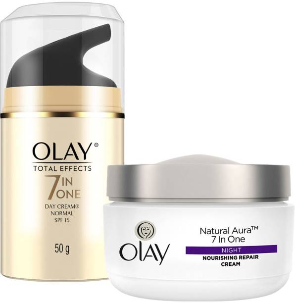OLAY Round the Clock Skincare : Total Effects Day Anti-aging Moisturiser (50 gm) & Natural Aura Nourishing Repair Night Cream,(50g)